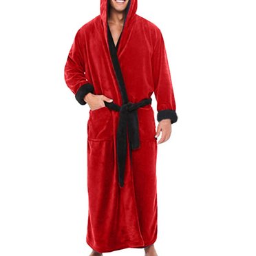 Fashnice Men Dressing Gown Hooded Bath Robes Solid Color Wrap Robe Stitching Night Towelling Red Black S