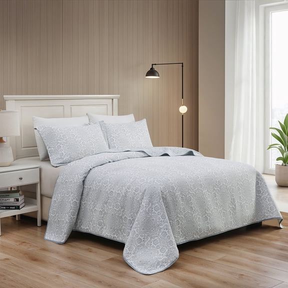 Marina Decoration Ensemble de Literie d'Été Ultra Doux 3 Pcs avec Couvre-Lit Brodé Jacquard, 2 Taies d'Oreiller Matelassées, Floral Bleu, Taille Très Grand