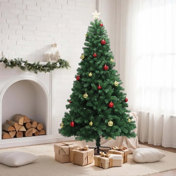 6 7 FT Pre Lit Christmas Tree with 250 LED Lights, 1200 Branch Tips Artificial Xmas Tree with Ornaments and Star, Easy Assembly Holiday Decoration for Home Office Party, Green