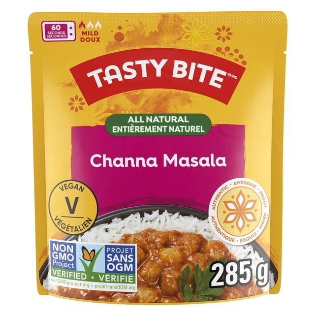 TASTY BITE CHANNA Masala microwavable pouch with slow-simmered chickpeas in a spiced tomato and onion sauce, vegan and all natural Indian entrée, non-GMO verified, 285 g package with bilingual English and French text.
