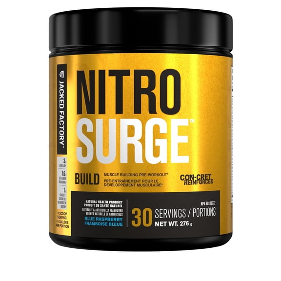 Nitrosurge Build Pre Workout - PreWorkout Powder w/Con-Cret Creatine HCL, Beta Alanine, & L-Citrulline for Increased Energy, Focus, & Muscle Growth - 30 Servings, Blue Raspberry