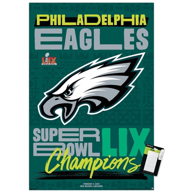 NFL Philadelphia Eagles - Affiche Murale du Logo d'Équipe Super Bowl LIX, 22,375 Pouces x 34 Pouces Encadrée, Affichant le Logo des Philadelphia Eagles en Blanc, Noir et Gris sur Fond Vert Foncé avec « Philadelphia Eagles » en Texte Jaune et Gris, et « Super BOLL LIX Champions » en Gris, Vert et Jaune, Datée du 9 Février 2025, La Nouvelle-Orléans, Louisiane.
