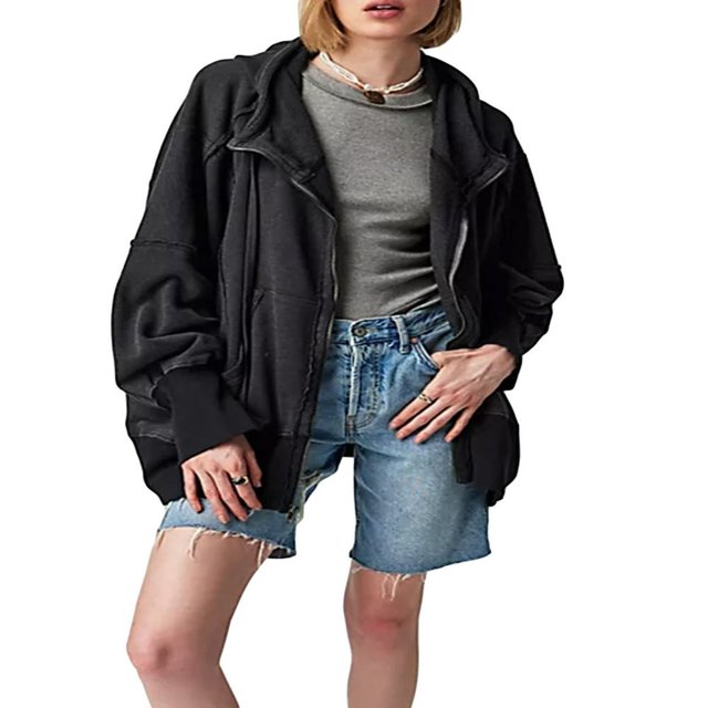 Vestes à Capuche Amples pour Femmes Couleur Unie Manches Longues Automne