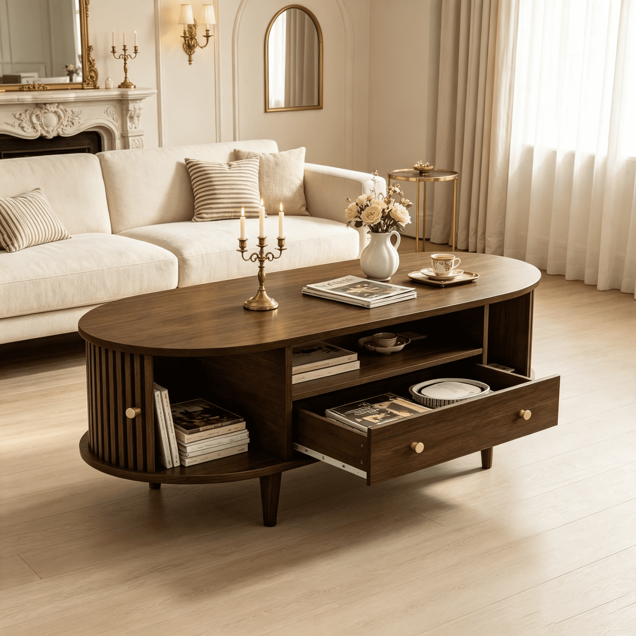 Homy Casa table basse ovale noyer avec tiroir, tablette ouverte et portes tambour pour le salon