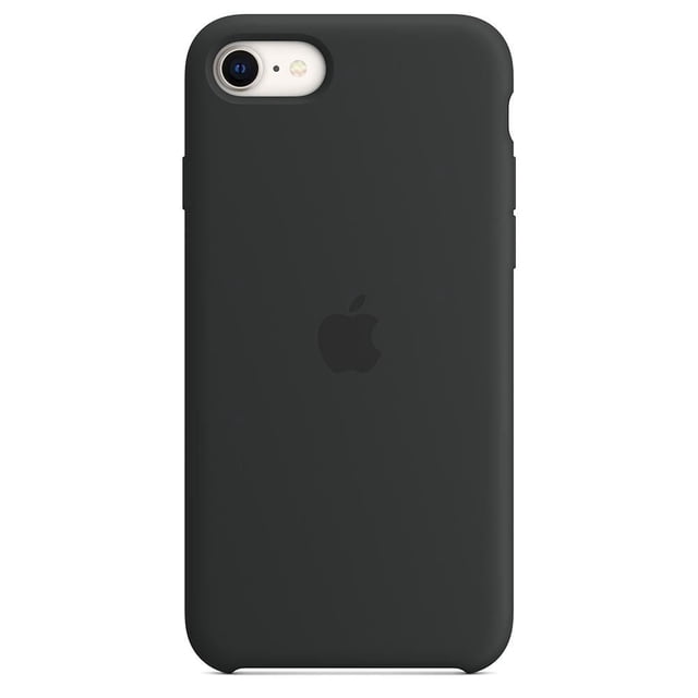 iPhone SE Silicone Case - Midnight with a slim, form-fitting design in dark midnight colour, featuring a soft-touch silicone exterior, precise cutouts for camera and buttons, an embossed Apple logo, and built to protect against scratches and drops while supporting wireless charging.