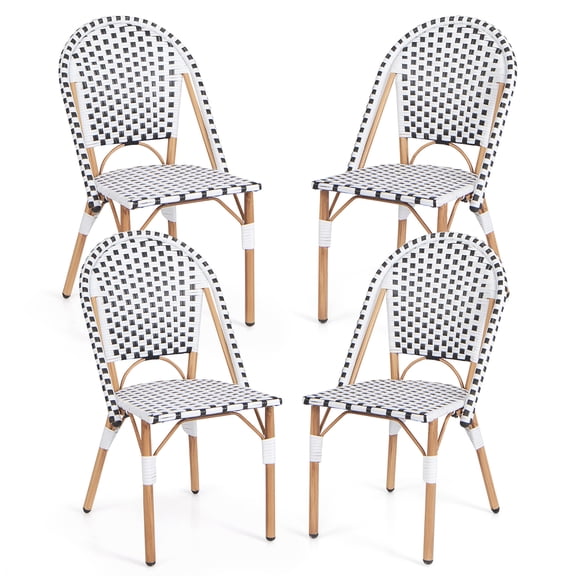 Gymax French Bistro Chair Set of 4 w/ Hand-woven Rattan Galvanized Metal Frame Outdoor