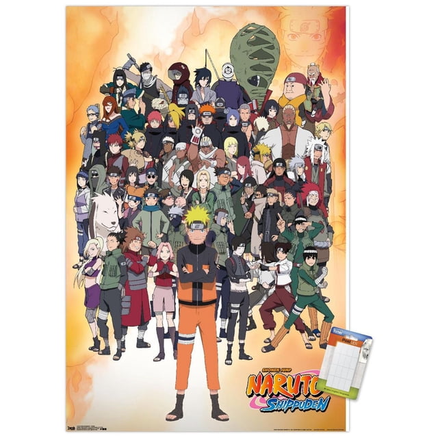 Naruto Shippuden - Affiche Murale de Groupe, 22,375 Po x 34 Po Représentant un Grand Groupe de Personnages d'Anime Naruto Shippuden dans Diverses poses avec un Arrière-Plan de Flammes orange et le logo de la Série en Bas à Droite, Imprimée sur Papier d'Affiche Lustré pour des Oeuvres Murales Vibrantes et la Déco de Chambre.