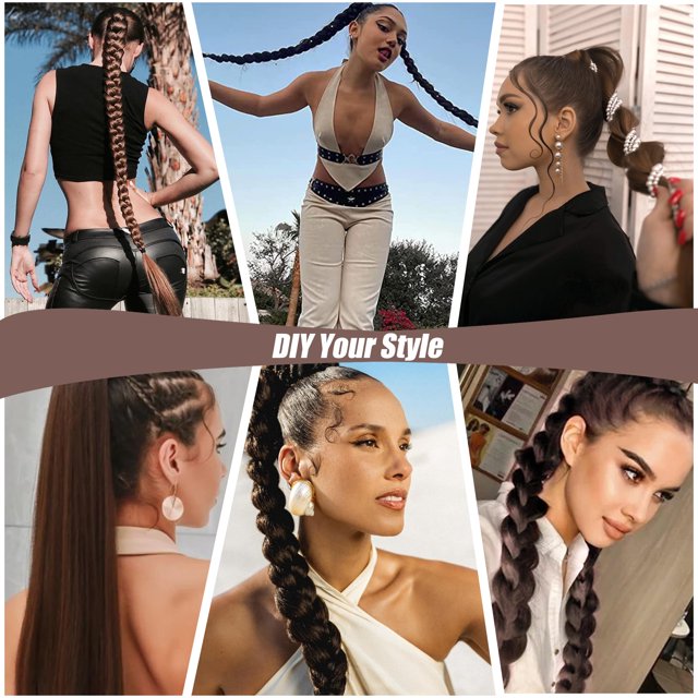 ziyahi Bricolage pour Différentes Tresses Extension de Cheveux pour Volume Instantané Extension de Queue de Cheval Tressée en Brun Foncé. l'Image Met en Valeur Plusieurs Femmes Portant l'Extension de Queue de Cheval Tressée dans Divers styles, Y Compris de Longues Tresses Simples, des designs Tressés Complexes et des Queues de Cheval Épurées. Fabriquée en Matériau pyrofilament, Cette Extension de 80cm (31.50 Pouces) s'Agence de Façon Fluide avec des Cheveux Naturels, Offrant Longueur et Volume Instantanément. Convient pour Créer des Coiffures Diverses