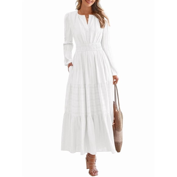 Women Fall Casual Long Sleeve V Neck Elastic Waist Light-Weight Maxi Wedding Guest Dress Pockets White S