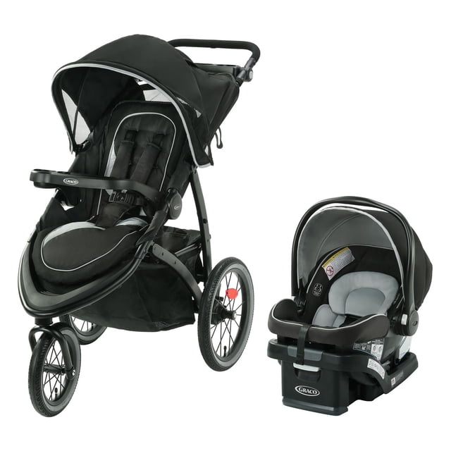 Graco FastAction Jogger LX Système de Voyage avec une Poussette de jogging Noire à Trois Roues Comprenant un Auvent Ajustable avec Panneaux en Maille, Siège Rembourré avec Harnais à Cinq Points, Plateaux pour Enfant et parent, Grand Panier de Rangement et Poignée à Hauteur Réglable, Assorti au Siège d'Auto pour Bébé SnugRide SnugLock 35 Lite en Noir et Gris avec Poignée de Transport et base pour une installation Sécurisée.