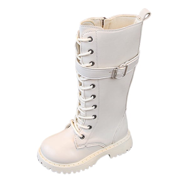 Yammkia White Combat Boots Girls Combat Boots for Girls Mid Calf Combat Boot Waterproof Leather Lace Up Side Zipper Boot Size 13.5 (White,Little Kids 13.5)