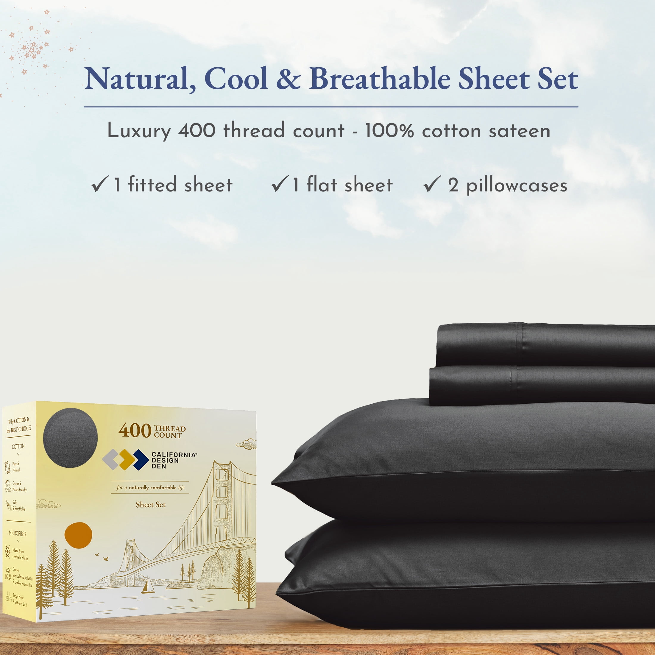 California Design Den Sheet Sets, Natural 100% Cotton Sheets, Soft Luxury 400 Thread Count Sateen Bedding Sheets Set, Deep Pocket Cooling Sheets