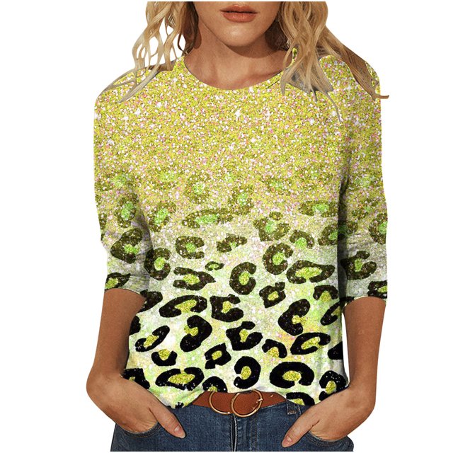 CEHVOM T-shirt Ample à Imprimé Léopard pour Femme, Manches 3/4, Col Rond, Haut Décontracté, Liquidation
