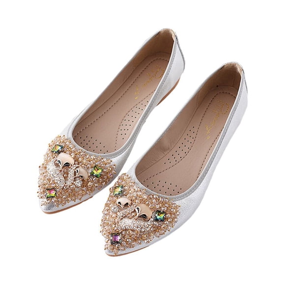 1 Pair Leisure Time Women Rhinestone Loafers Party Holiday Festival Banquet Girls Flat Heel Shoes Ladies Ballet Slides Footwear Silver Size 34