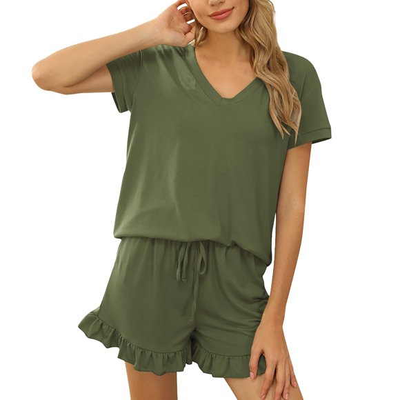 Ketyyh-chn99 Two Piece Sets for Women Ladies Shorts Set Printed V-Neck Tops Solid Short Casual Suit Green,S