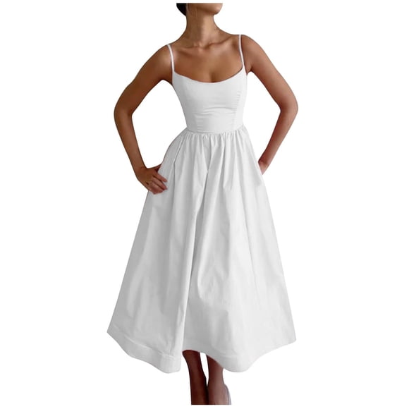 LOVZFMLL Summer Dresses for Women 2025 Elegant Classy Wedding Guest Dress Spaghetti Strap Swing Flowy Maxi Wrap Sundress White XL