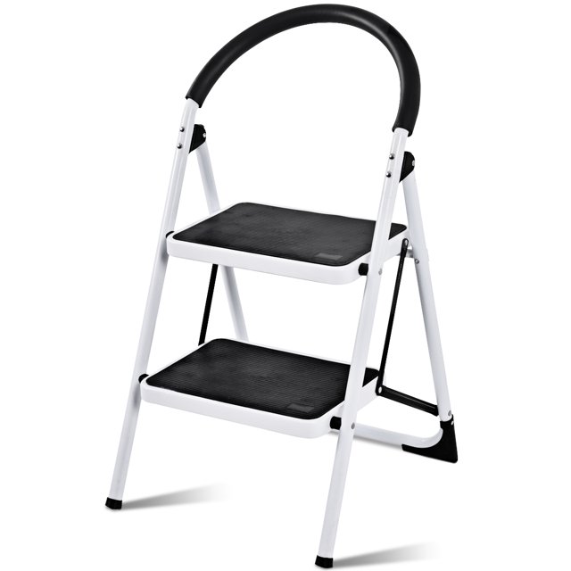 Patiojoy 2 Steps Folding Ladder, a portable step stool with heavy-duty construction supporting up to 330 lbs. Features wide black pedals for stable foot support, a white iron frame, and an ergonomic black handgrip. Includes anti-skid rubber pads on the legs for safety. Suitable for reaching high shelves or changing light bulbs in home, office, or garage settings.