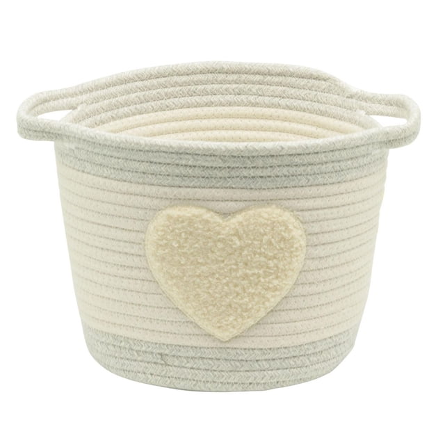Cotton Rope Storage Basket with Boucle Heart Patch in a round shape made of sturdy cotton rope with cream and light grey stripes, featuring a textured boucle heart patch and handles for easy carrying, measuring 10 in. L x 10 in. W x 8 in. H, suitable for household storage, pet toys, or organizing small items.
