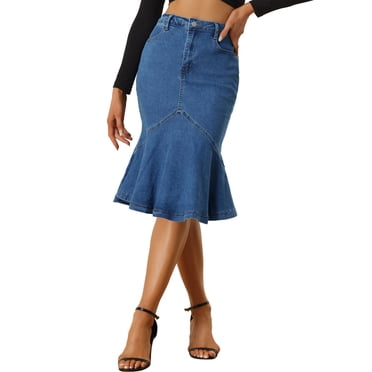 Unique Bargains Jupe en Denim Queue de Poisson pour Femme Taille Haute Moulante en Jean à Volants Jupes Bleu Foncé TP