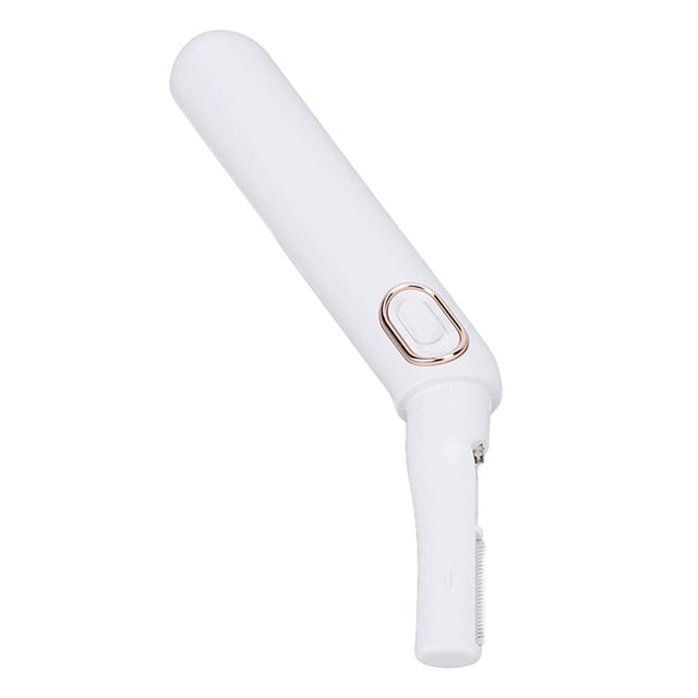 Electric Bikini Trimmer, Bikini Shaver Battery Powered for Home for Women. A compact, white ABS trimmer with a sleek design featuring a rose gold power button and an angled trimming head. Includes a limiting comb and requires one AAA battery (not included). Designed for safe, irritation-free grooming, suitable for all skin types.