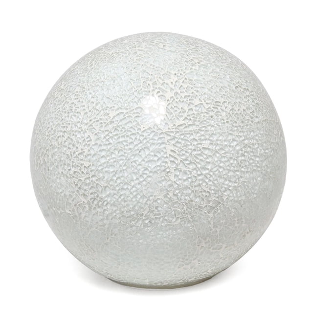 Simple Designs 1 Light Mosaic Stone Ball Table Lamp with a smooth white ceramic spherical base featuring a crackled mosaic texture, measuring 8 by 8 by 7.5 inches, designed for a 40W candelabra bulb, ideal for ambient lighting and decorative home accents.