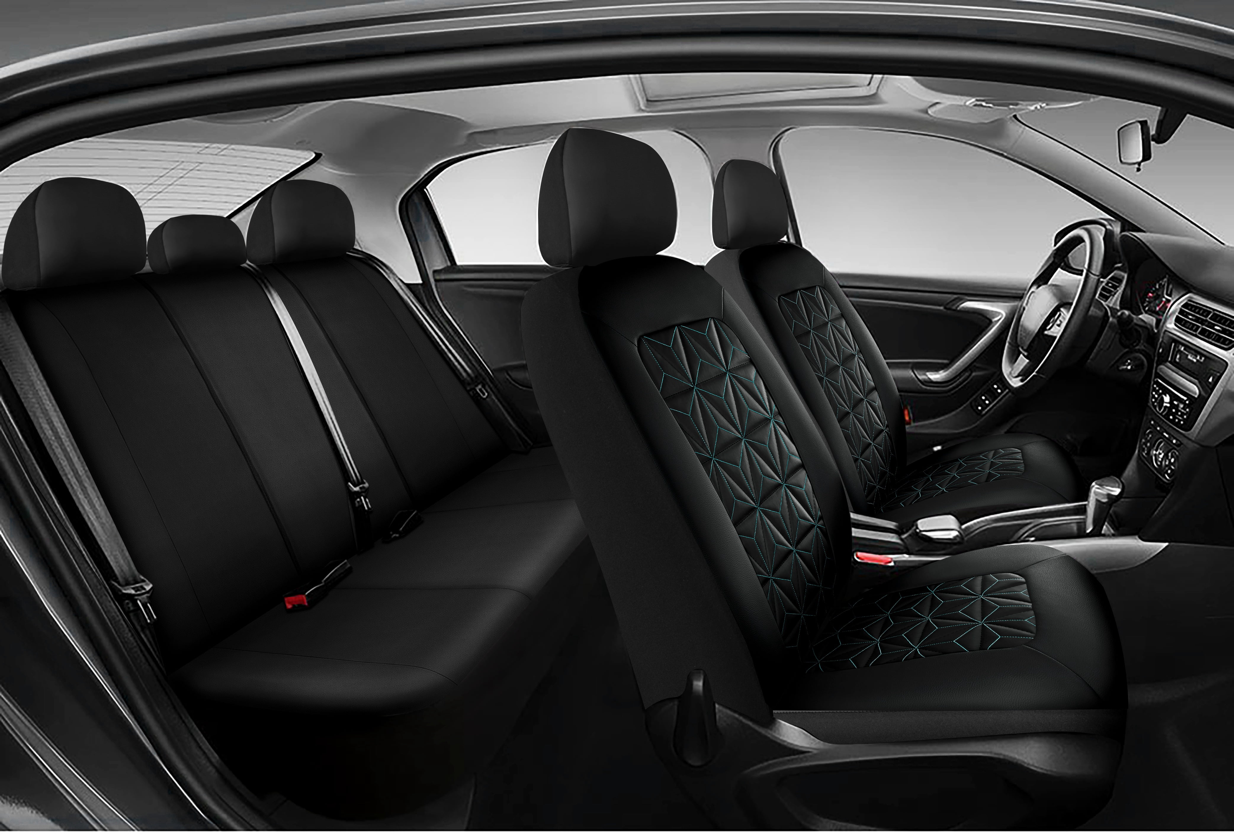 Auto Drive 3D Quliting Leather Car Seat Cover Full Set Black/Teal