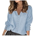 thumbnail image 1 of WUANDIXFA Winter Sweaters for Women Solid Color V Neck Lace Stitching Buttons Long Sleeves Sweater Light Blue,S, 1 of 5