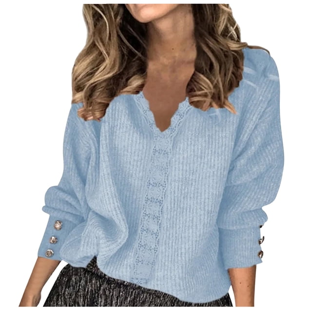 WUANDIXFA Winter Sweaters for Women Solid Color V Neck Lace Stitching Buttons Long Sleeves Sweater Light Blue,S