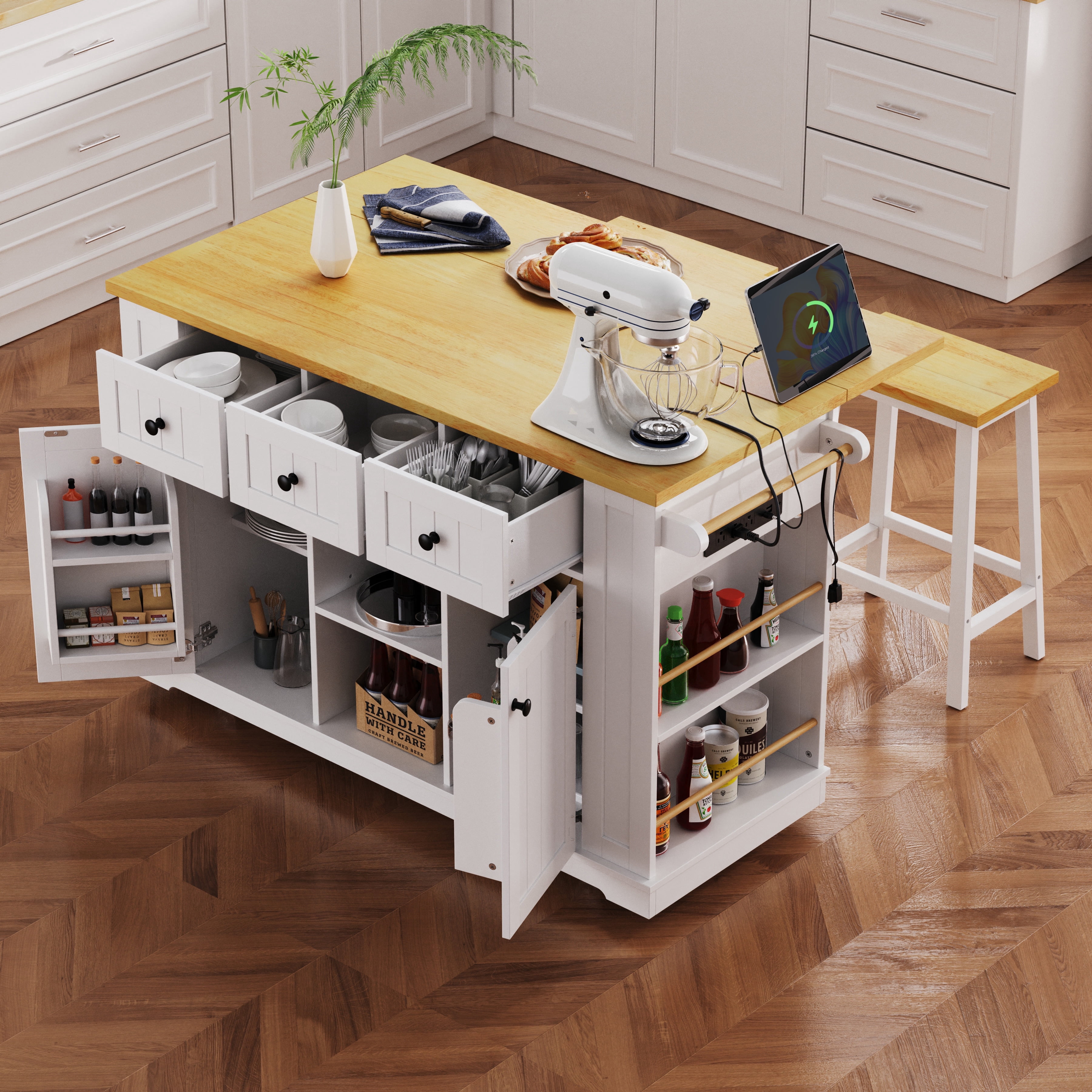 Noble House 53" Large Kitchen Island with Drop Leaf,5 Wheels 5 Open Side Racks,White