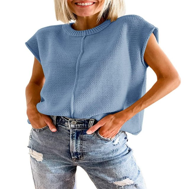 Women Solid Color Sweater Vests Crew Neck Cap Sleeve Loose Pullovers
