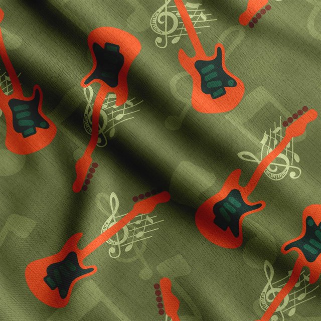 Soimoi Musical Instruments Print, Silk Fabric, Decor Sewing Fabric by The Yard 42 Inch Wide,Decorative Fabric for Shirts Suits Ties, Olive Green