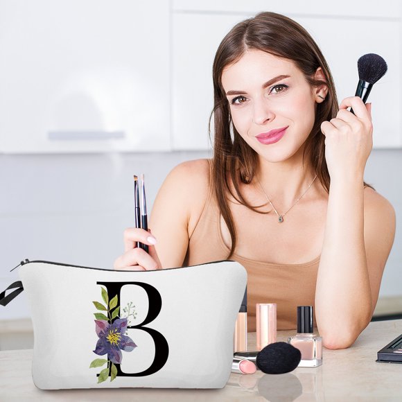 ZZkhGO Flower Letter Makeup Bag Personalized Initial, Cosmetic Bag for Women Birthday Gift, Bride Bridesmaid Toiletry Bag