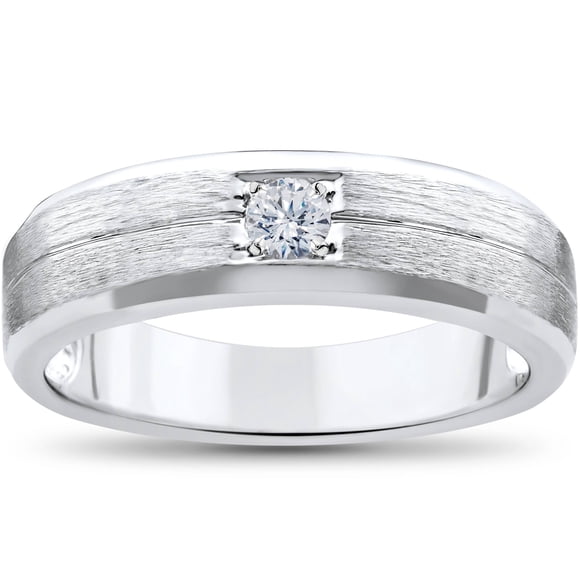 Mens Diamond Wedding Ring Solitaire Round Brilliant Cut Brushed White Gold Band