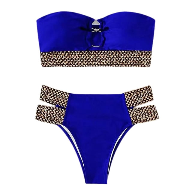 2Pcs/Set Ring Connection Off Shoulder Bikini Set Bandeau Bra High Waist Briefs Swimwear Beachwear
