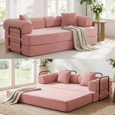 Mjkone 79" Convertible Loveseat Sleeper Sofa Bed,Corduroy Folding Floor Mattress Couch,Futon Boneless Sofa Bed for Living Room,Pink