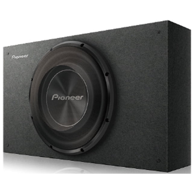 Pioneer TS-A3000LB 12″ Shallow Mount Enclosure Car Subwoofer featuring a compact, space-saving design with a sealed enclosure housing a 12-inch subwoofer. The subwoofer includes an oversized injected polypropylene cone with a rubber surround for deep bass and reduced distortion. The enclosure is constructed from 5/8-inch MDF, covered in black carpet with an embroidered Pioneer logo, and includes a steel mesh grille for protection. Designed for 2-ohm impedance, it handles 400 watts nominal power (1500 watts peak) and offers a frequency response of 20-1,000 Hz. Ideal for car trunks and truck applications.