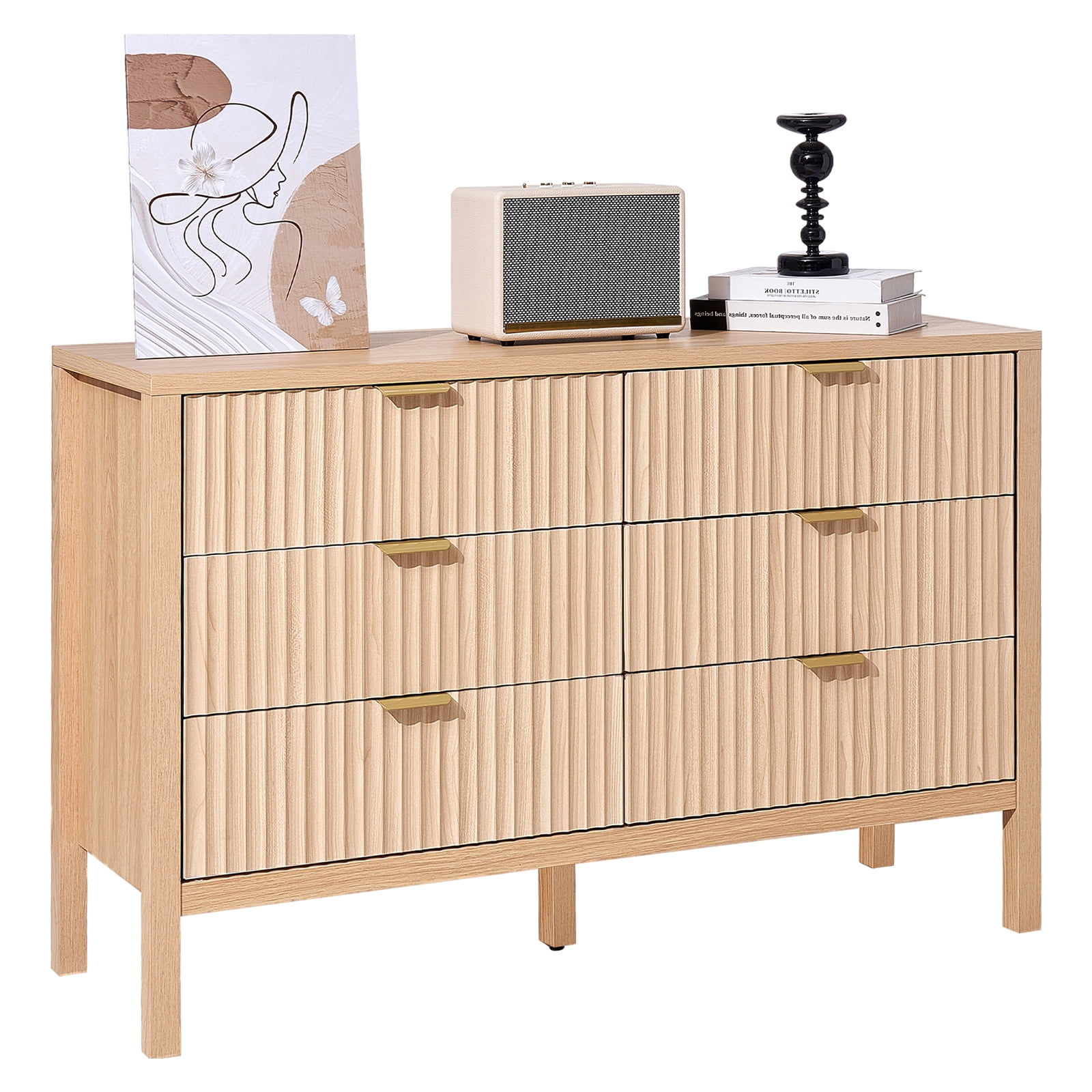 VEVOR 6 Fluted Drawer Dresser Wooden Chest of Drawers with Sliding & Anti-tip