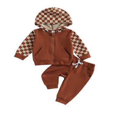 Toddler Boy Clothes Patchwork Sweatshirts Long Sleeve Tops Solid Pants Outfit Fall Winter Baby Hooded Clothe Set Caramel 0-6 Months