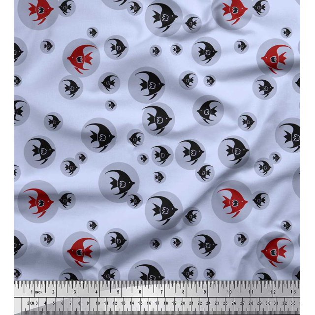 Soimoi Blue Viscose Chiffon Fabric Fish Ocean Print Fabric by the Yard 42 Inch Wide
