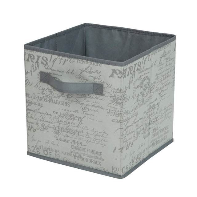 Mainstays Storage Cube Basket Box for Adult, foldable fabric storage bin with vintage French script print in grey, reinforced carry handle, made of nonwoven fabric and cardboard, measuring 10.5in by 10.5in by 11in, ideal for desk organization, nursery, or playroom storage, also suitable for organizing craft supplies or office items.