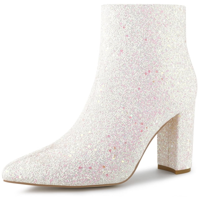 Unique Bargains Bottines Chelsea à Talon Bloc à Paillettes pour Femme à Bout Pointu avec Tige Recouverte de Paillettes de Couleur Unie et Bout Pointu. les Bottes Ont un Talon Haut Épais de 3 1/2 Pouces, une Fermeture Éclair Latérale pour un Enfilage Facile et une Semelle Intérieure Rembourrée pour le Confort. Fabriquées avec une Semelle Extérieure en Caoutchouc et un Talon ABS, Ces Bottines Conviennent aux occasions comme Noël, l'Halloween, les Fêtes Ou les Contextes Décontractés et de Travail.