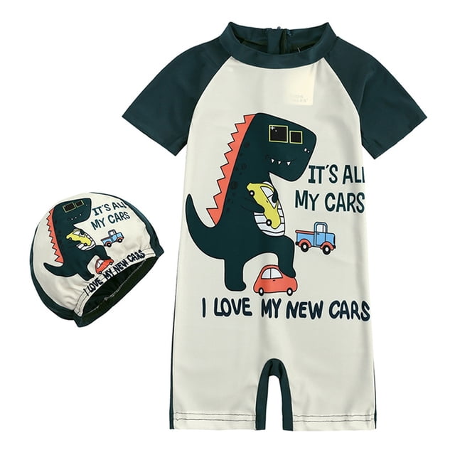 Hiiyo Toddler Boys Cartoon Short Sleeve Rash Guard UPF 50+ One-Piece Swimsuit with Hat