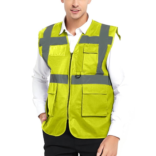 GOGO 5 Pockets High Visibility Safety Vest with Reflective Strips, Working Uniform Vest-NEON LIME-XL