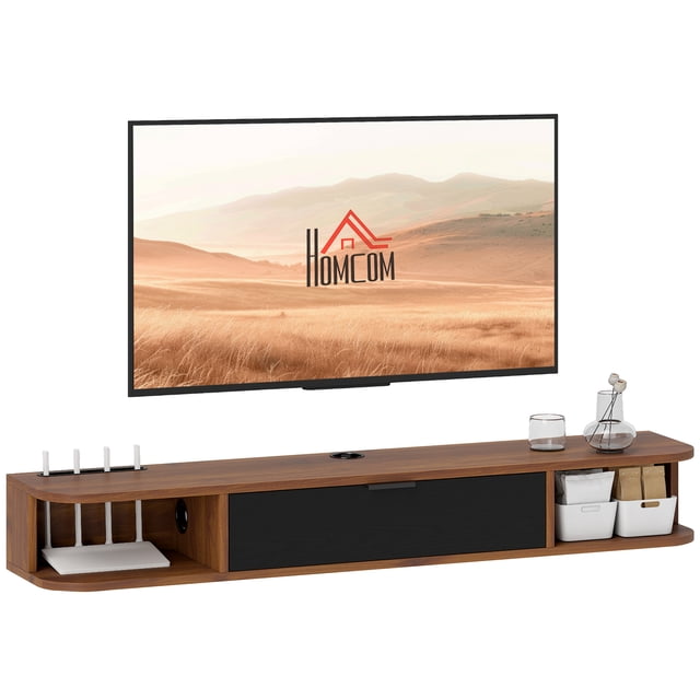 HOMCOM 47-inch floating TV stand in a walnut finish, wall-mounted with a sleek black handle. Features a flip drawer, two open shelves, and a cable hole for organized storage. Suitable for TVs up to 50 inches, with a modern design that frees up floor space and neatly conceals wires. Made of durable particleboard.