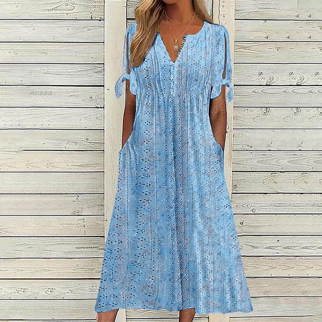Babysbule Liquidation Robes d'Été pour Femmes, Mode Femmes Décontractée Ample Imprimé Papillon Col en V Manches Mi-Longues Boutons Poches Robe Longue
