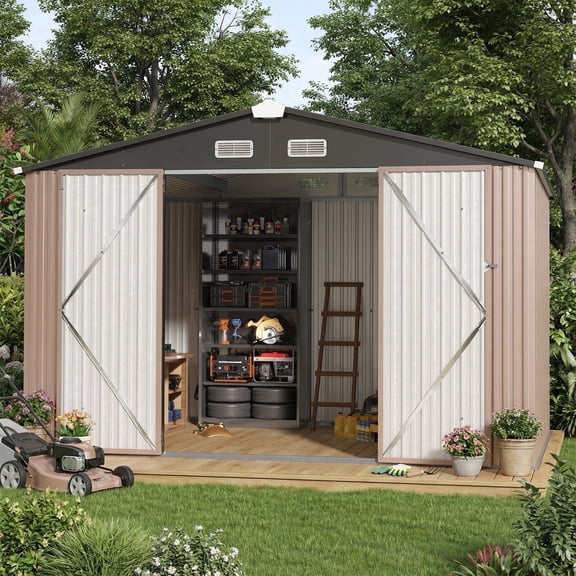 Clouddwell Remise 10 x 8 Pi Remise de Rangement Extérieure avec Grande Porte à Charnières Doubles, Grande Remise en Métal avec Porte Verrouillable et Toit en Pente pour Jardin, Patio et Cour Arrière, Brun