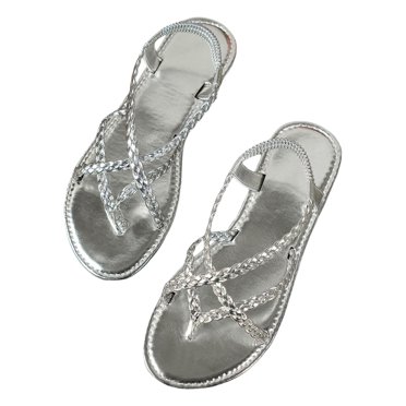 Women's Wide Width Bohemian Flat Sandals Casual Woven Strappy Sandals Slip On Summer Flip Flop Beach Shoes Silver Size 7