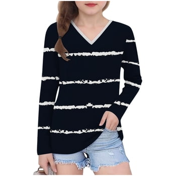 Lovzfmll Unisex Girls' V-Neck Patterned Long Sleeve Top, Casual Pullover Tee for Little Girls 13 Years