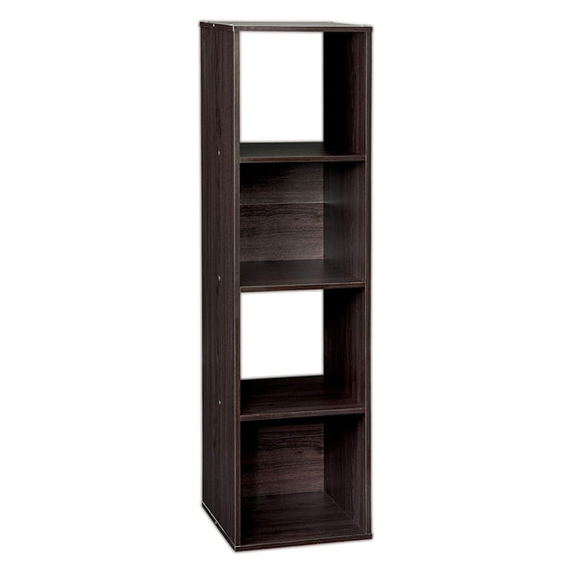 Closetmaid Decorative Stackable 4-Cube Cubeicals Organizer Storage in espresso finish, featuring a vertical design with four open storage cubes and a sturdy frame. Suitable for organizing decorative items, toys, media, and office supplies. Can be stacked or wall-mounted for versatile use. Dimensions: 12.24 x 11.69 x 47.56 inches, ideal for office furniture or bookshelf needs.