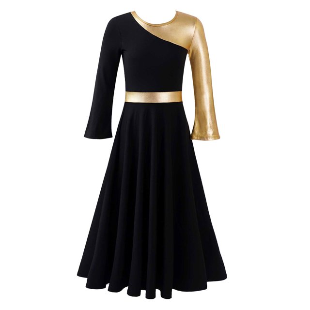 RUNQHUI Robe de Danse Métallique Dorée pour Filles, Prière Lituricale, Culte, Danse, Noir 14